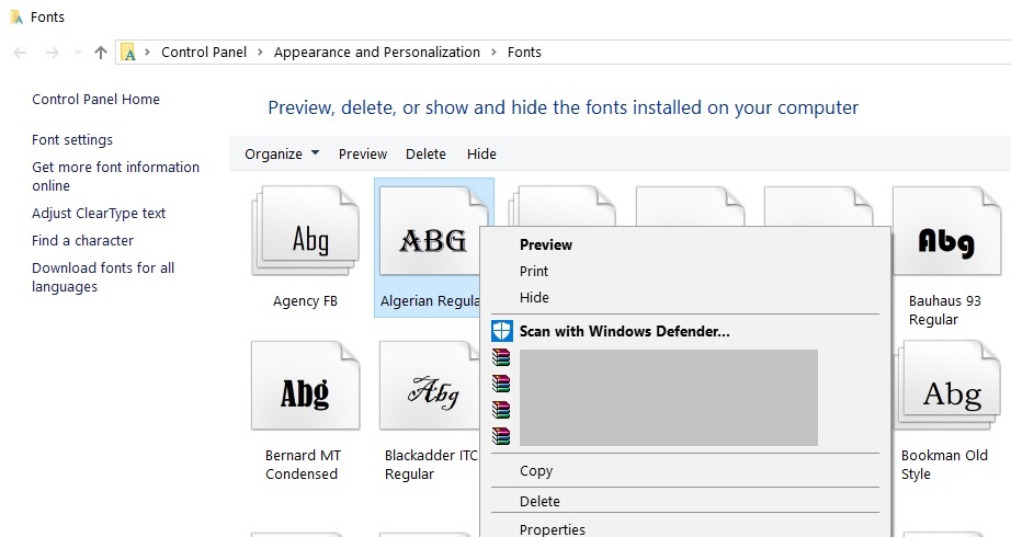 Cannot install font windows 10